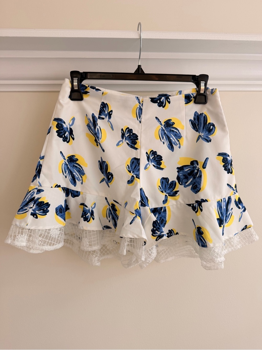 White Floral Mini Shorts with Blue & Yellow Print